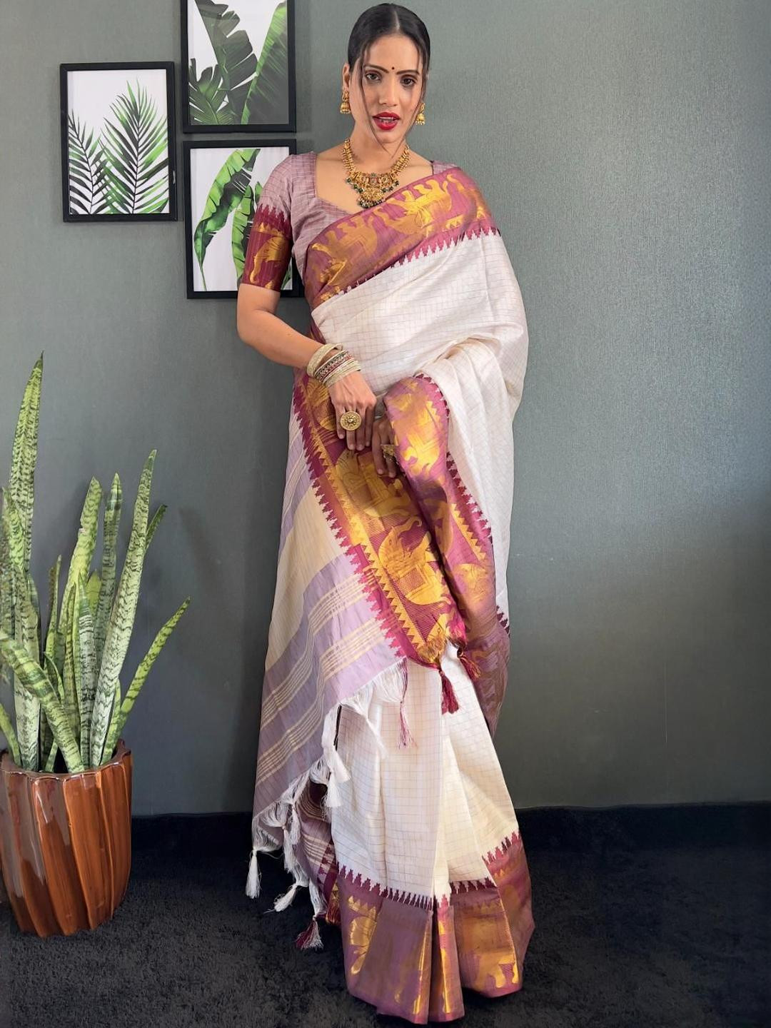 AQUILIQ Brown Art Silk Woven Design Sarees