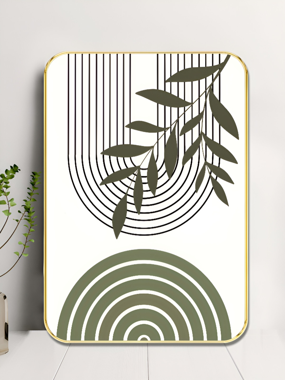 SAF White & Green Minimalist Botanical Wooden Wall Art