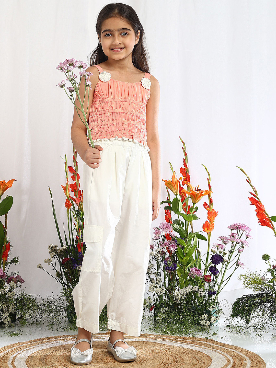 The Tribe Kids Girls Smocked Pure Cotton Top With Trousers