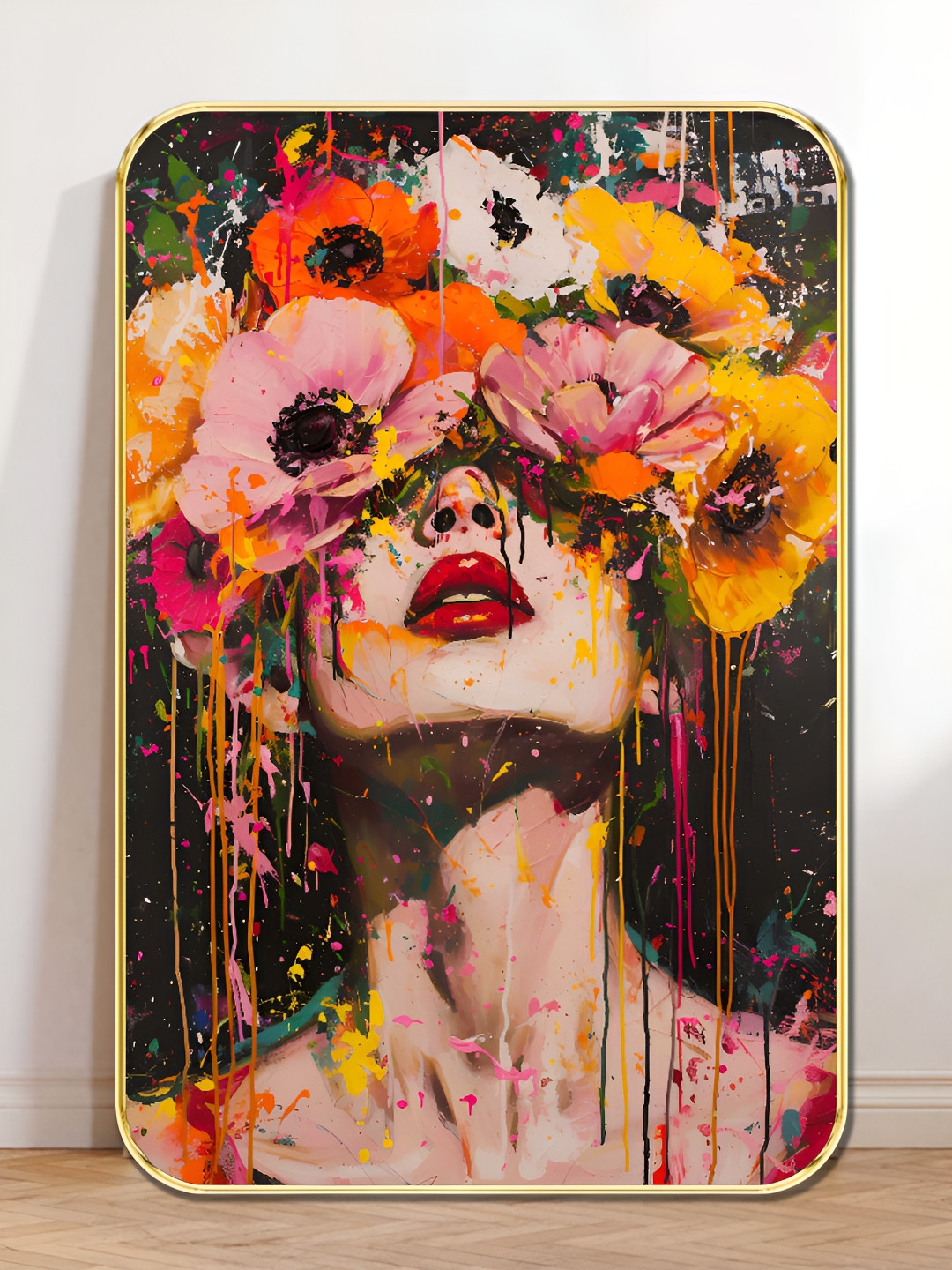 SAF Black & Yellow Abstract Floral Woman Wooden Wall Art