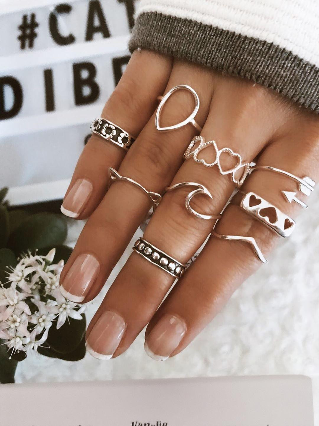 Arzonai Women Set of 9 Silver Alloy Metal Rings