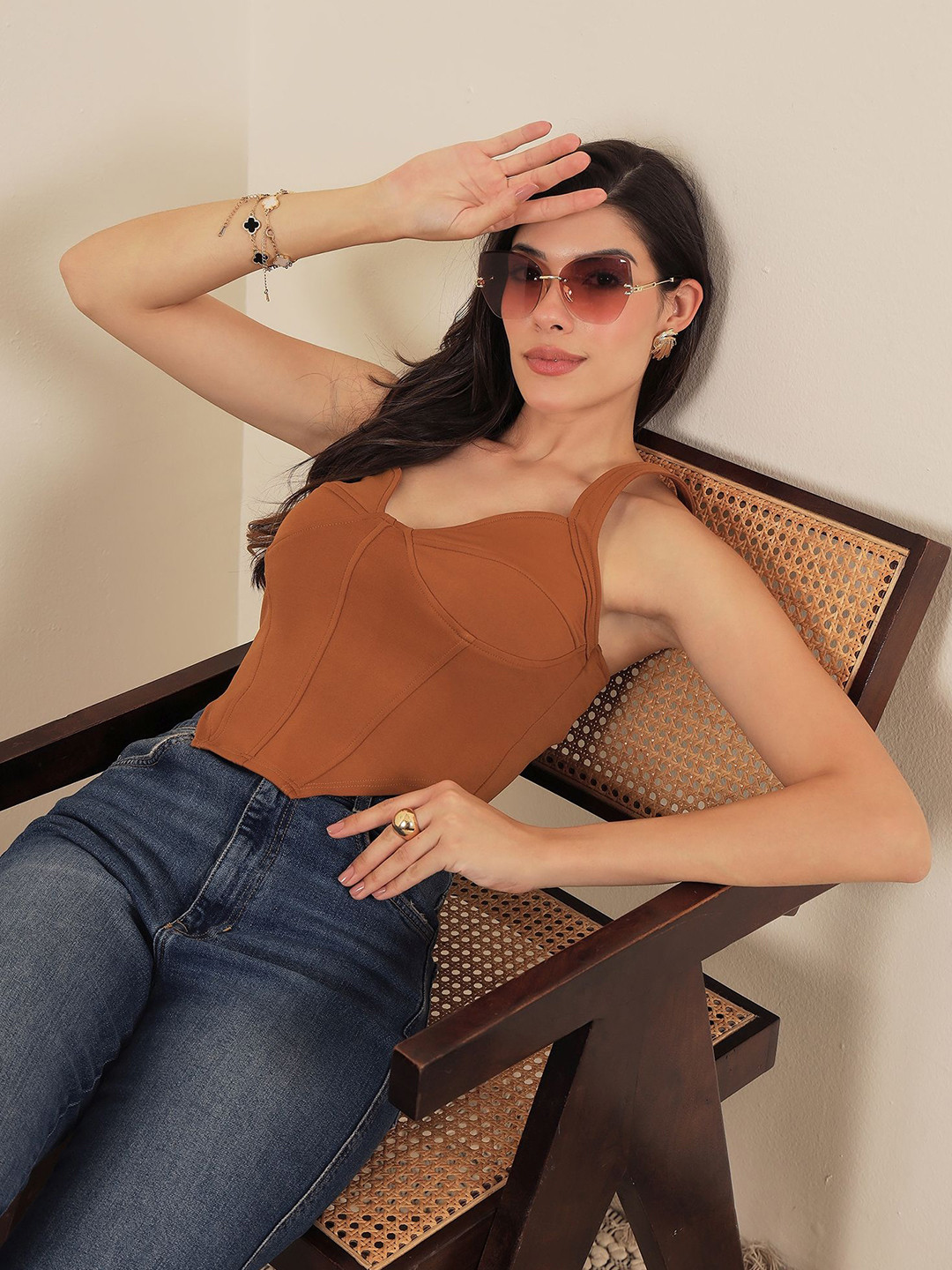 ZYNG Women Solid Brown Sweetheart Neck Sleeveless Crop Corset Top