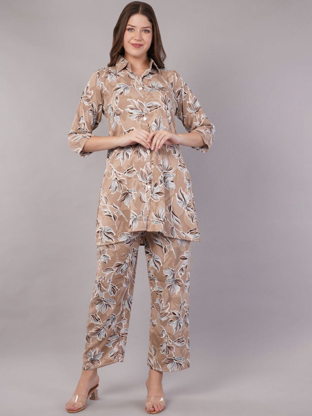 Beige Floral Printed Tunic & Trousers Co-Ord Set
