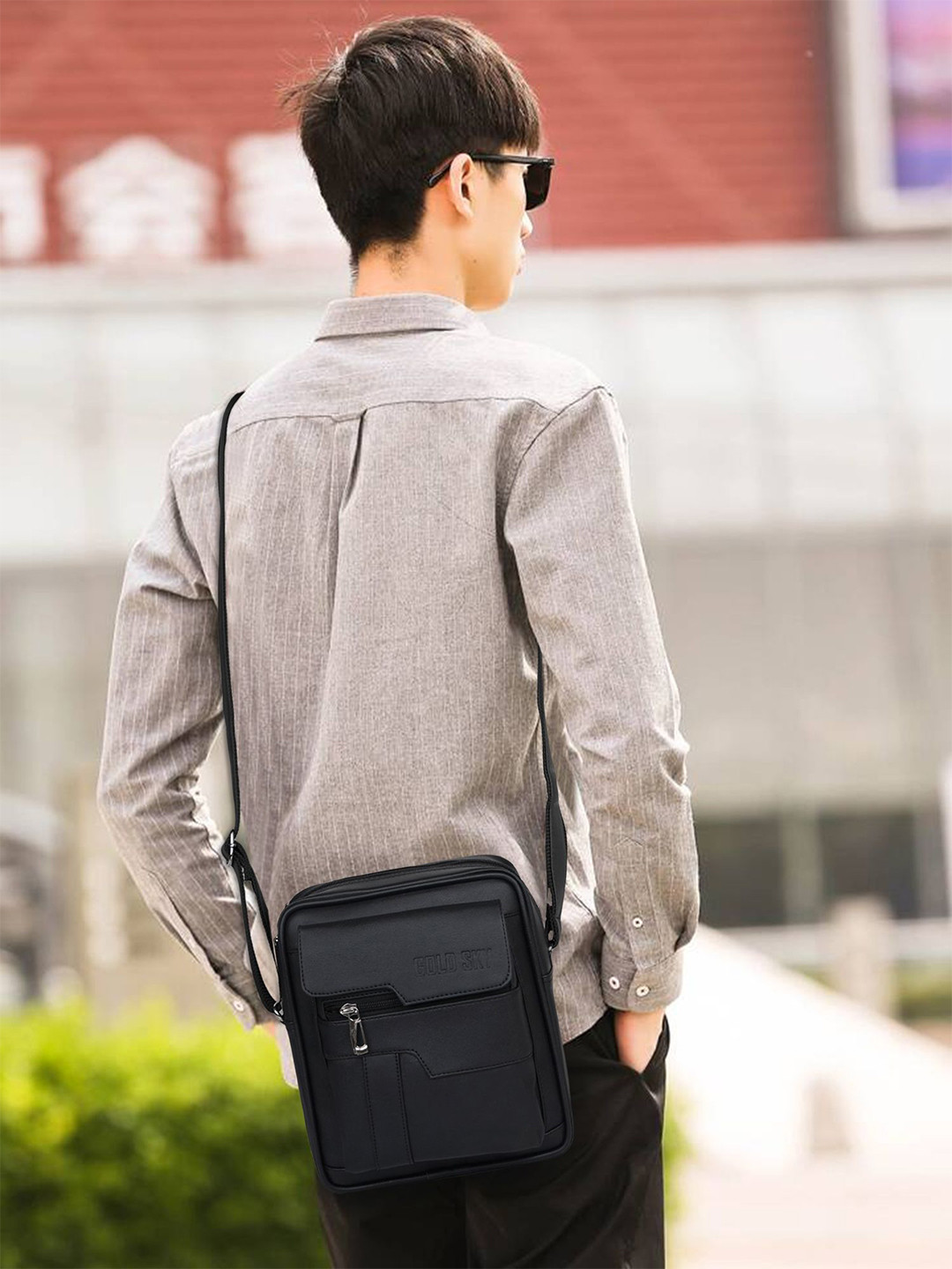 GOLD SKY Men PU Brand Logo Smooth Zipper Non-Detachable Sling Strap Sling Bag