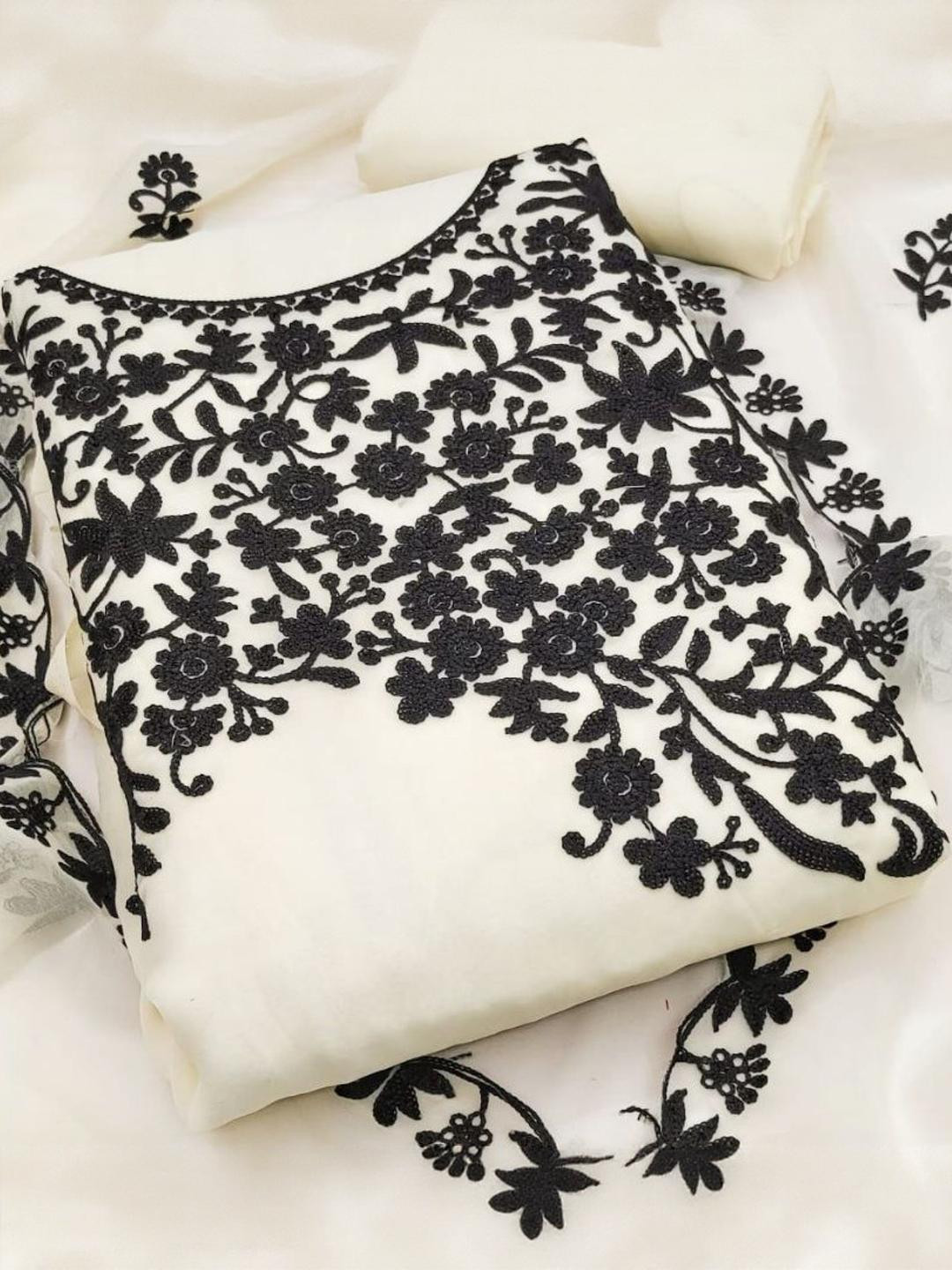 KALINI Cream Georgette Multi Work Unstitched Dress Material