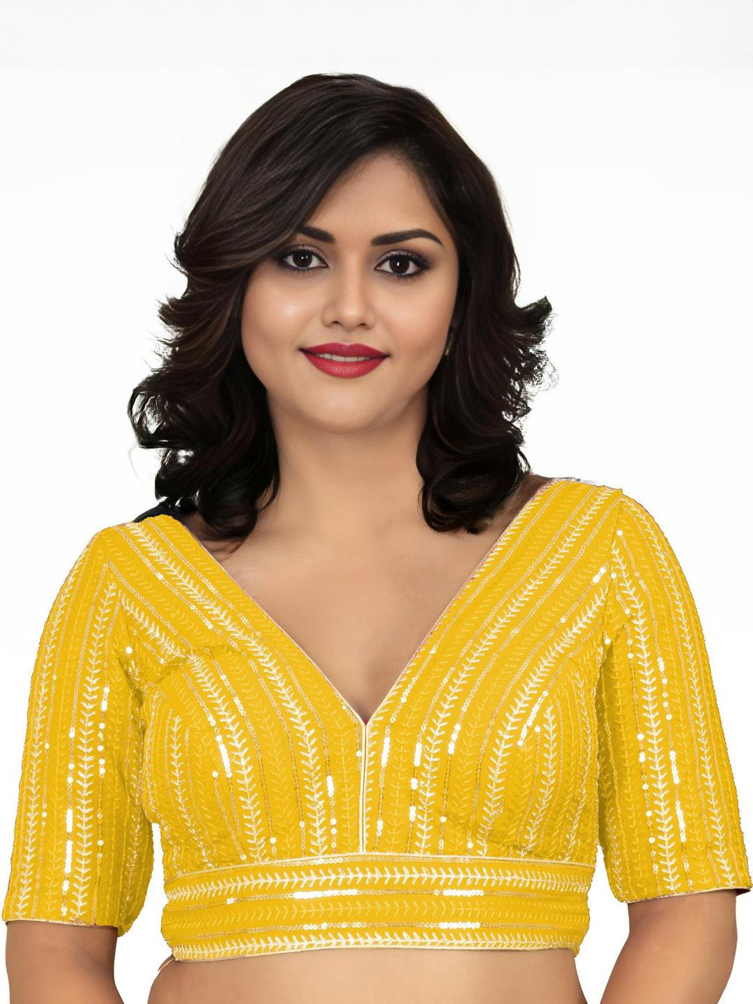 PU FASHION Women Embroidered V-Neck Yellow Ready to Wear Saree Blouse
