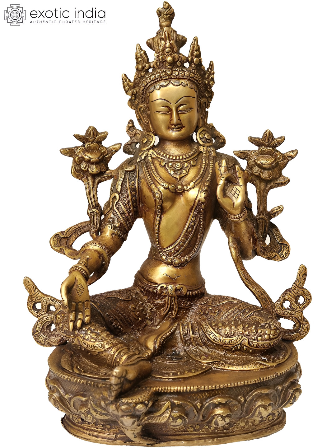 Exotic India Gold-Toned Tara Idol Seated Gracefully on A Lotus Religious Idol Showpiece