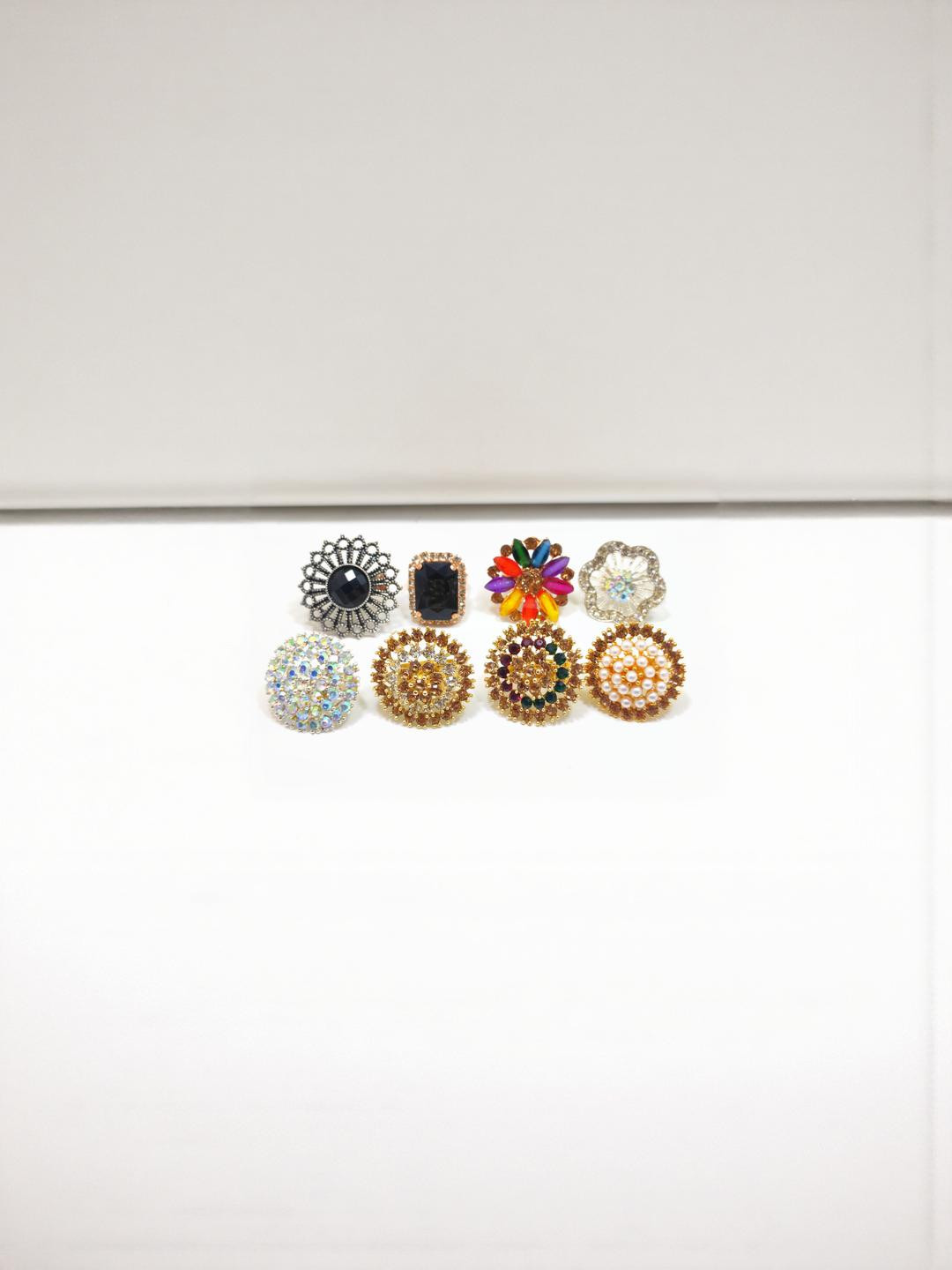 DIVYANSHI COLLECTION Pack Of 8 Multicolour Ad Brass Diamond Gold Silver Plated Ring Set