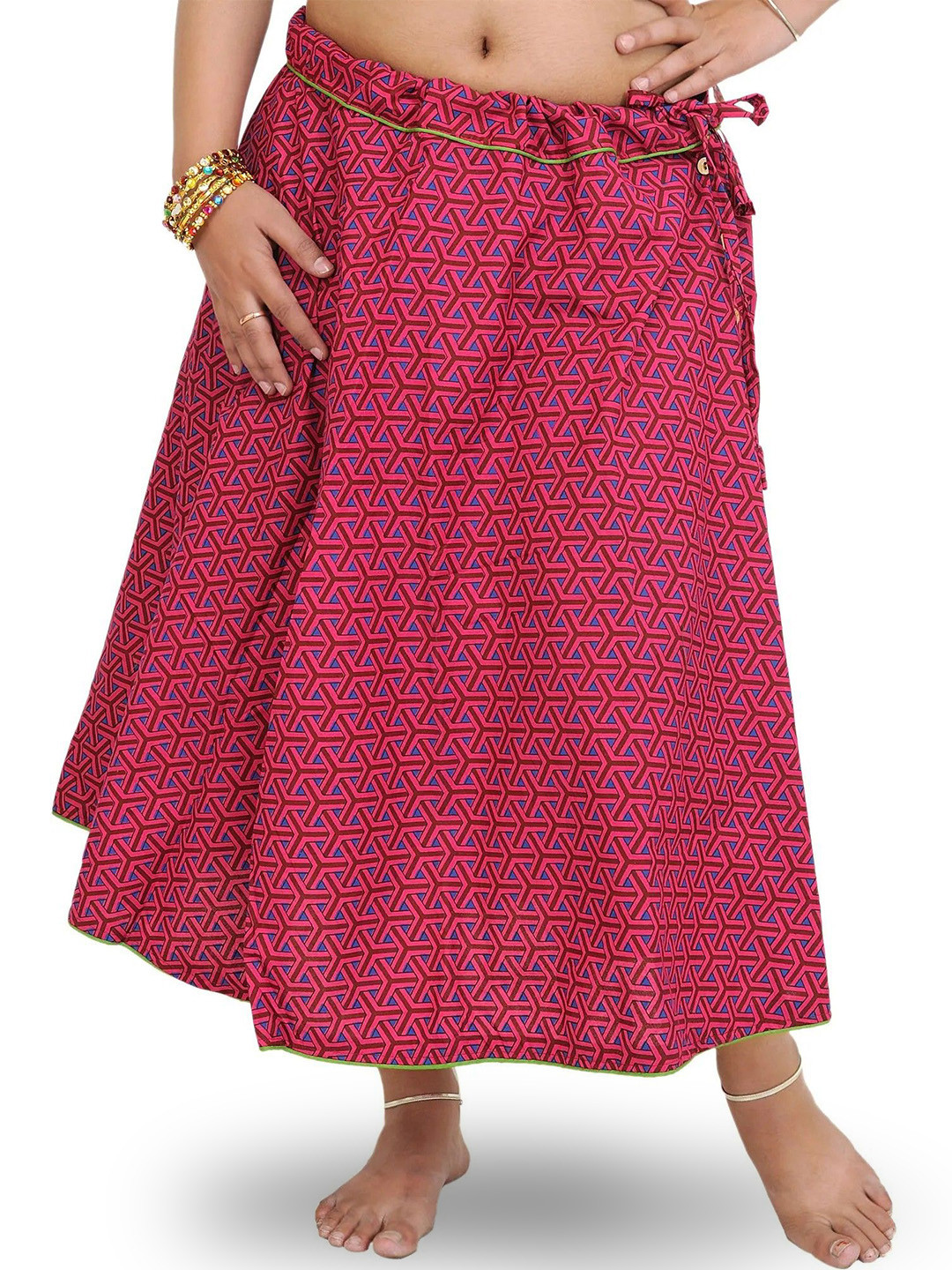 Exotic India Women Drawstring Printed Midi Skirt with Piping