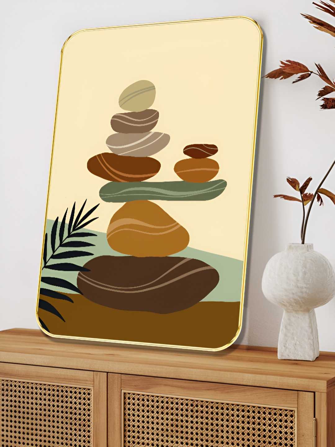 SAF Yellow & Brown Zen Rock Balance Printed Wall Art