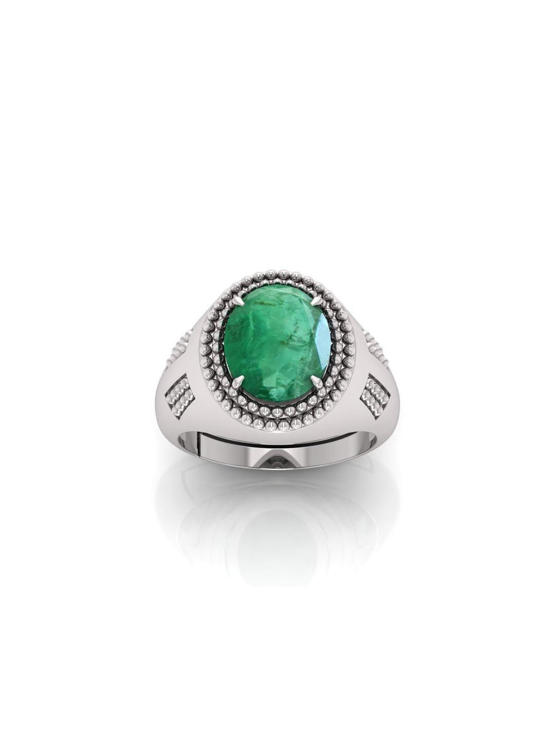 Pranjal Gems Unisex Sterling Silver 8.25 Ratti Emerald Studded Adjustable Finger Ring