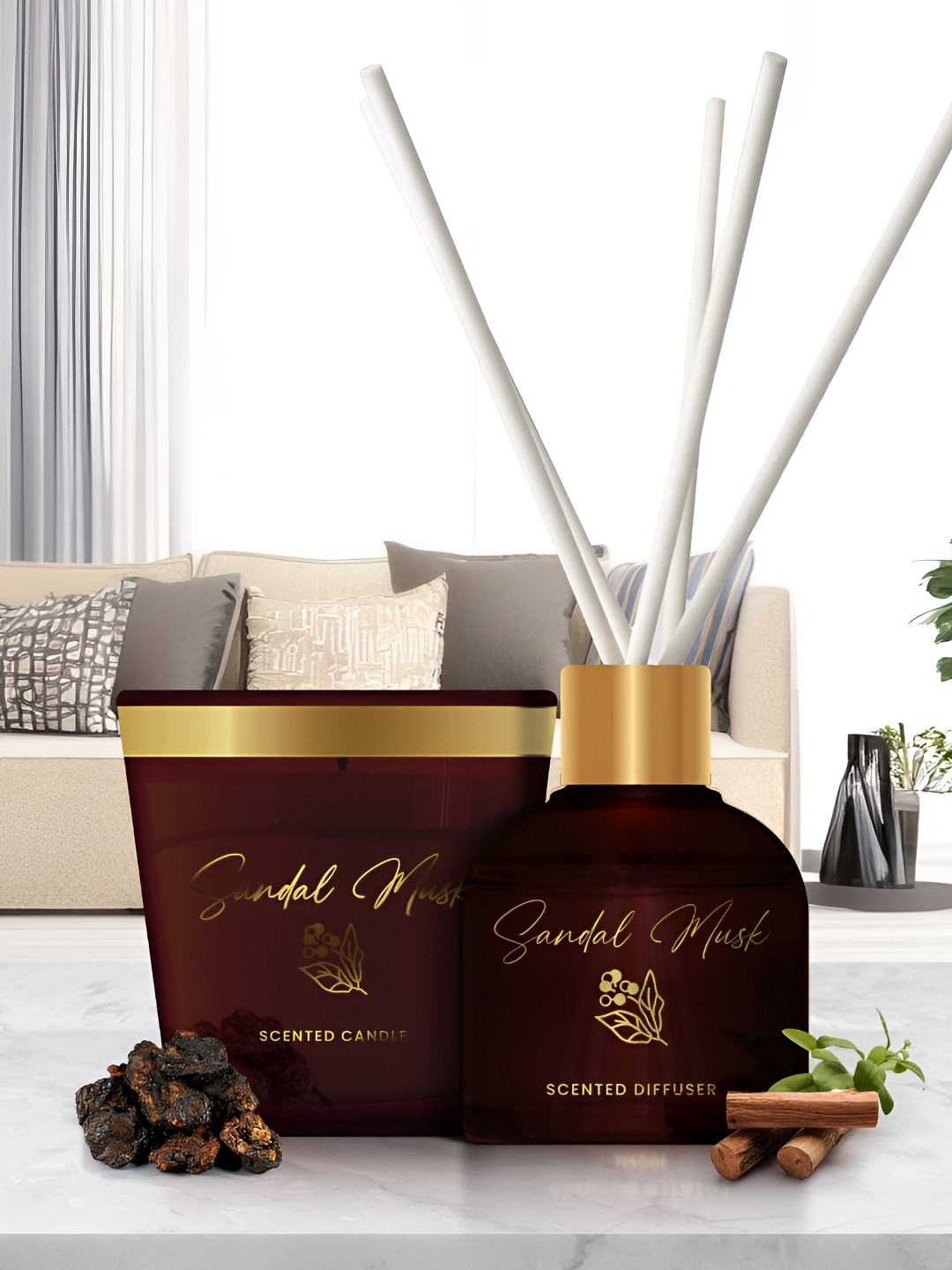 Pan Aromas Oriental Sandal Musk 2Pc Brown & White Reed Diffuser & Scented Candle Gift Set