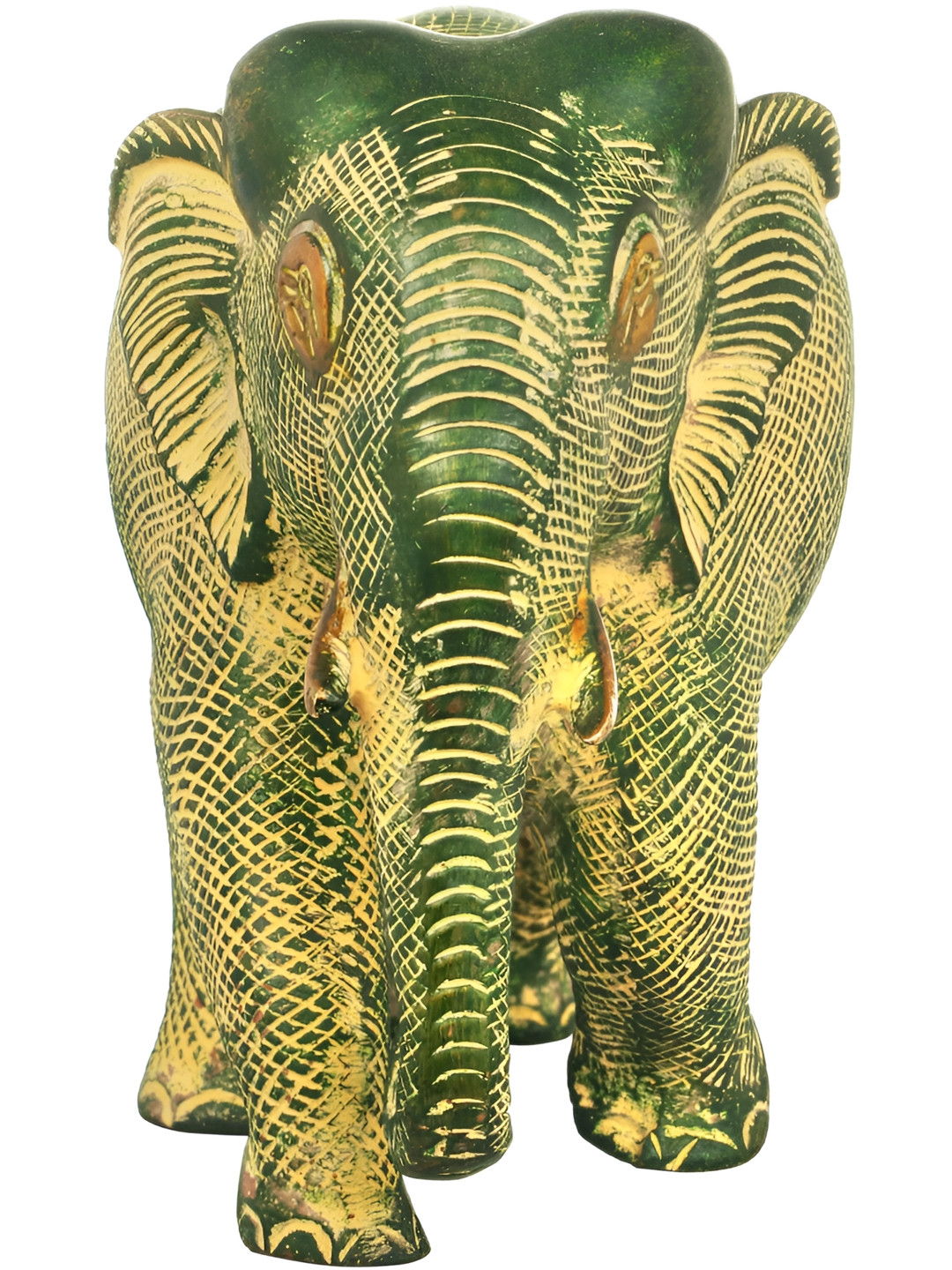 Exotic India Green & Yellow Elephant Brass Figurine Showpiece