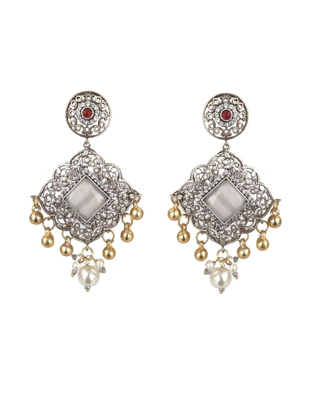 FindHerFavorite Silver-Plated Artificial beads beaded Antique Square Drop Earrings