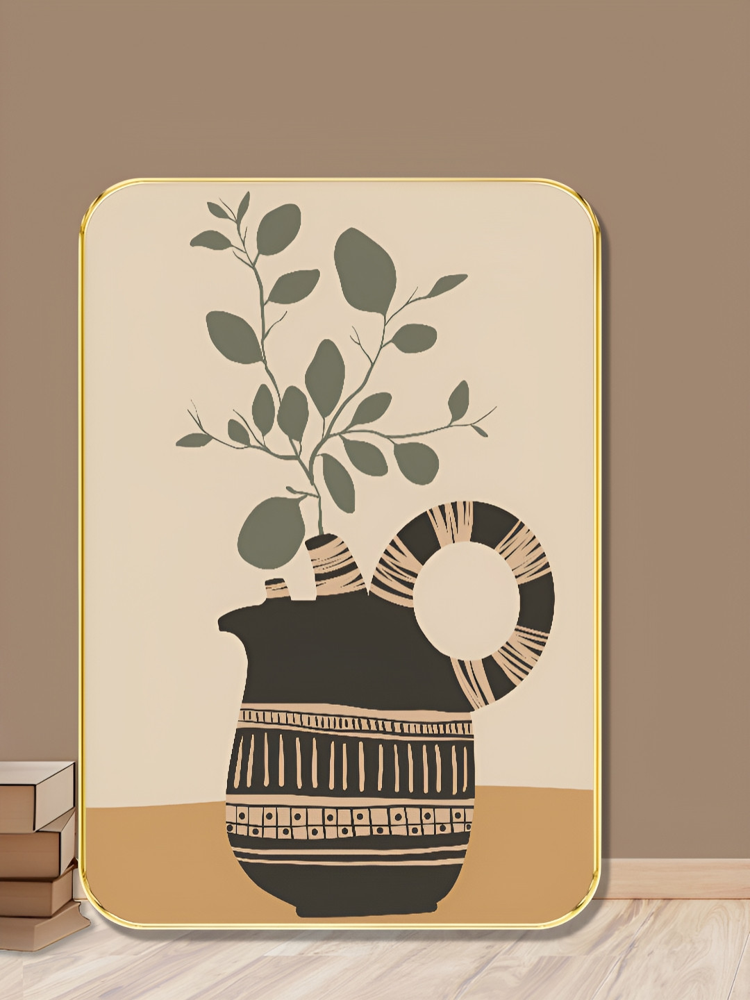 SAF Beige & Black Rustic Vase Printed Wall Art