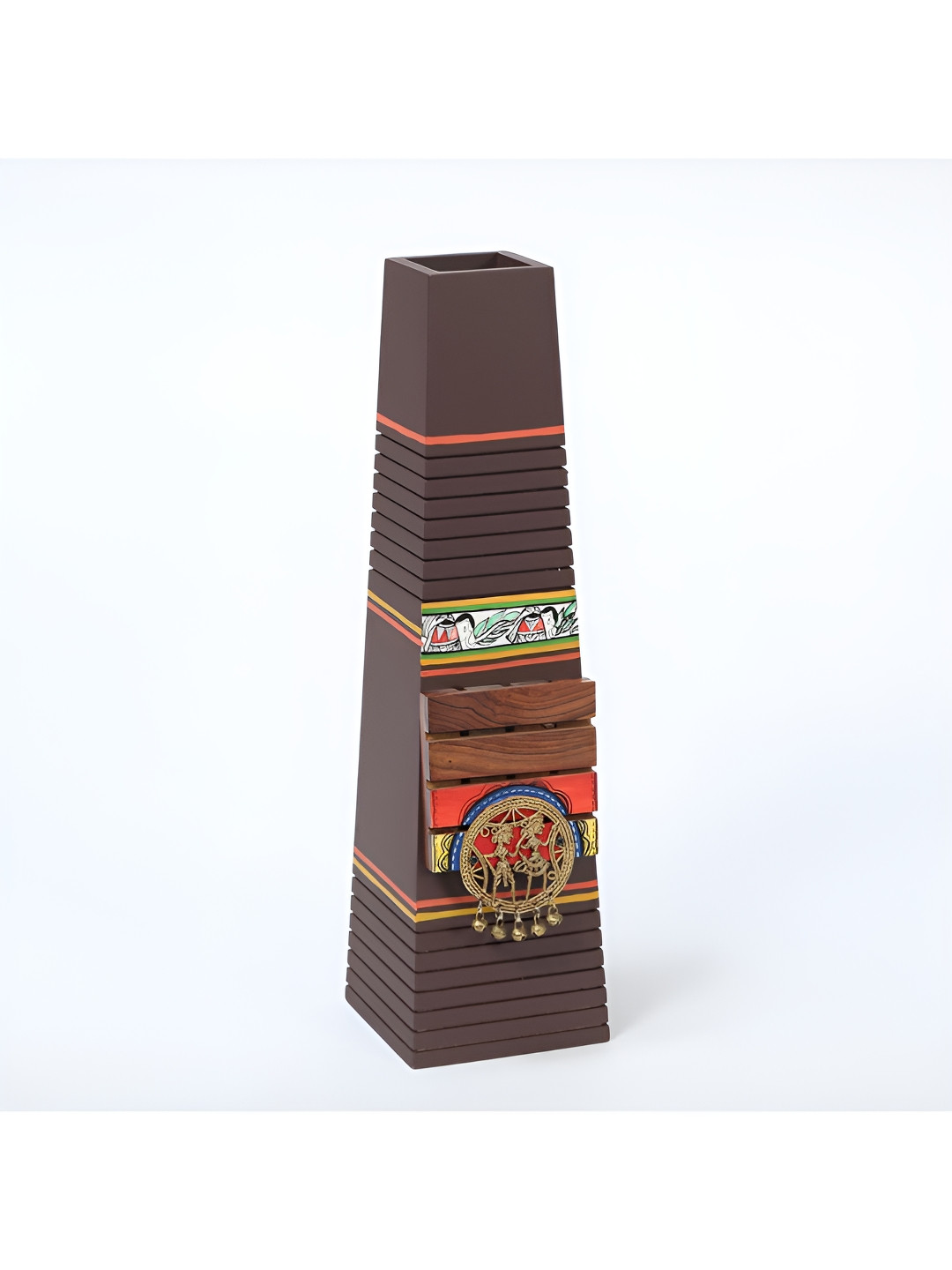 AAKRITI ART CREATIONS Brown & Red Pyramid Wooden Planter With Brass Motifs