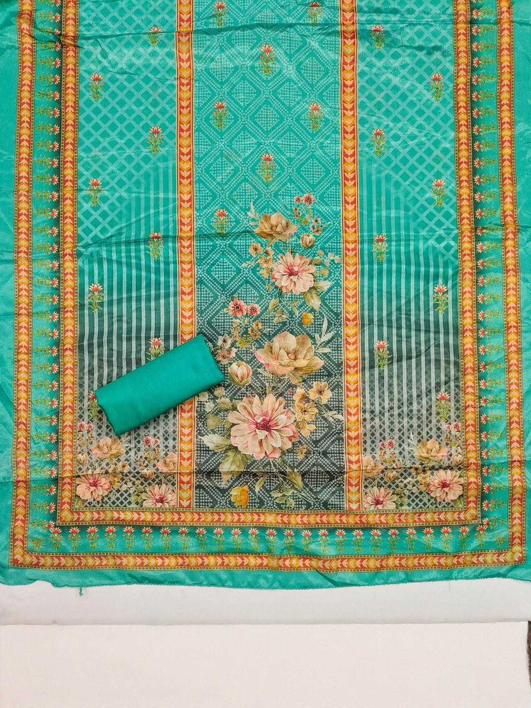 KALINI Teal France Silk Digital Print Mirror & Diamond Work Unstitched Dress Material
