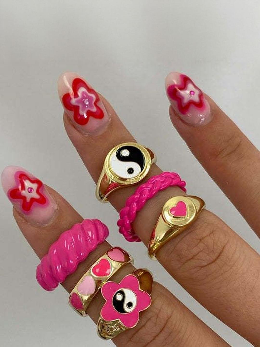 Arzonai Set Of 6 Pink Love Y2K Heart Love Metal Ring