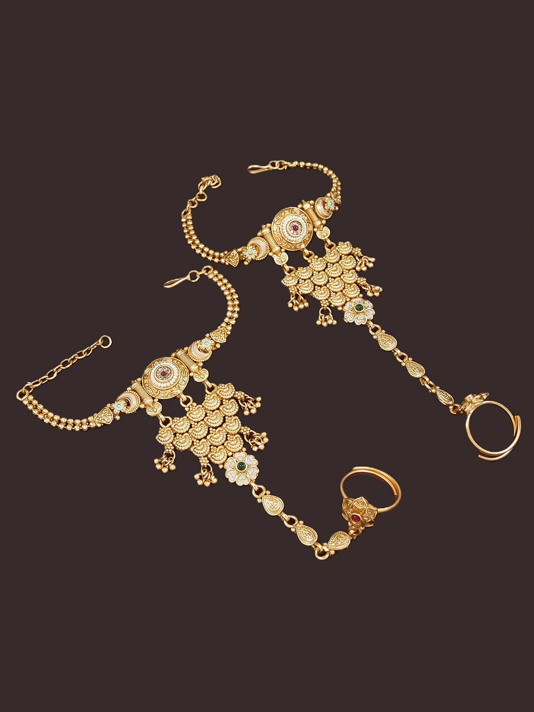 House of Pataudi Set Of 2 Gold-Plated Stones Studded Bridal Hathphool Bracelet With Ring