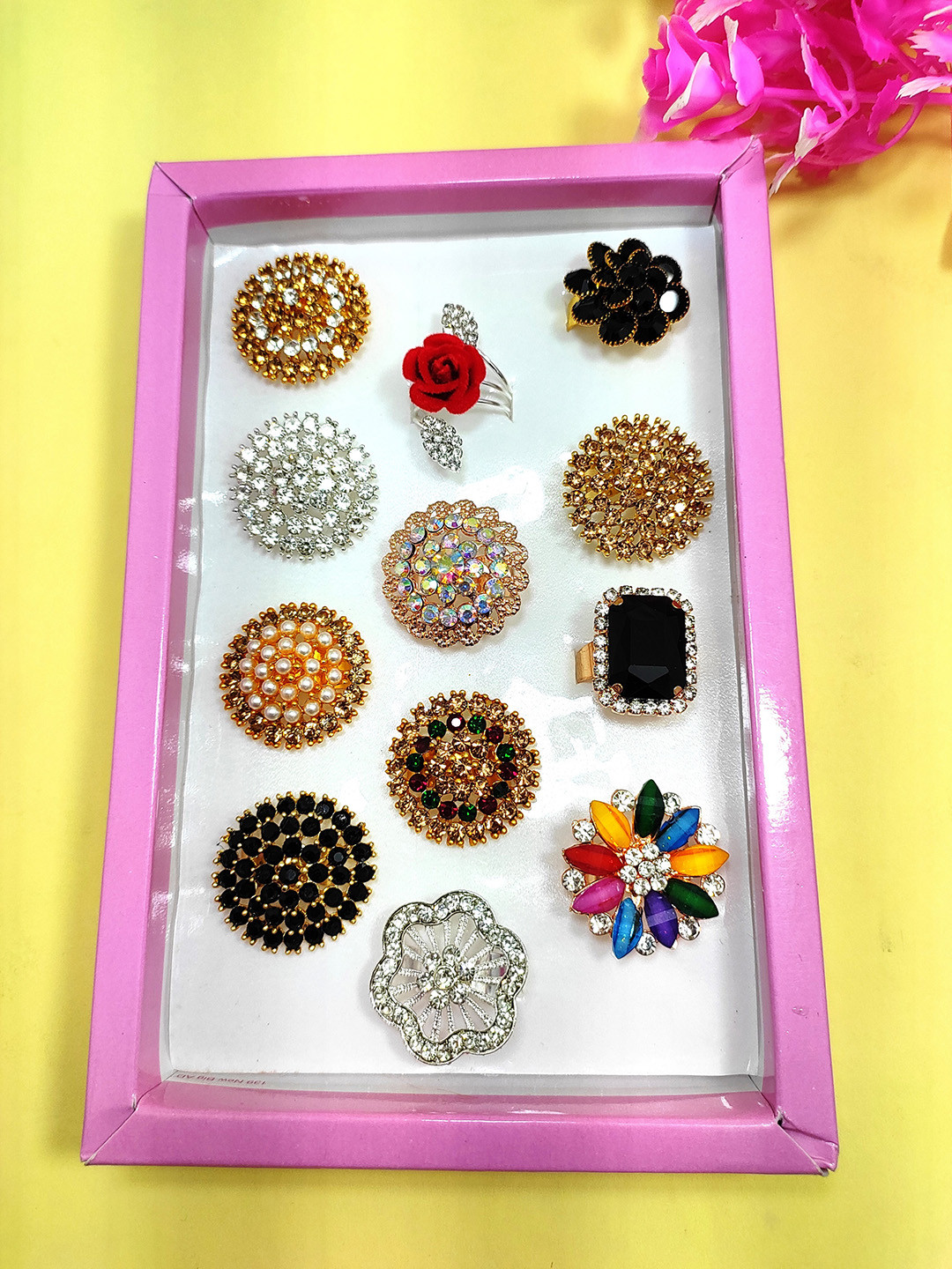 DIVYANSHI COLLECTION Pack of 12 Diamond Stone Gold Silver Plated Brass Ring Set