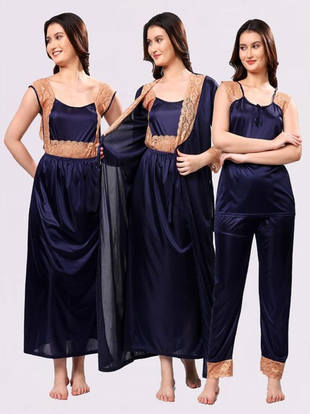 NIGHT KEYS Navy Blue Satin Maxi Solid Nightdress