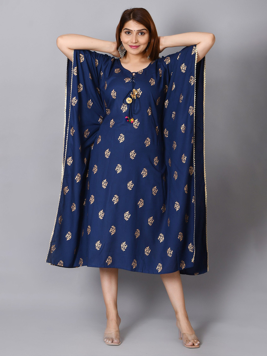 Billion Women Floral Printed Lace-Up Kaftan Midi Dress