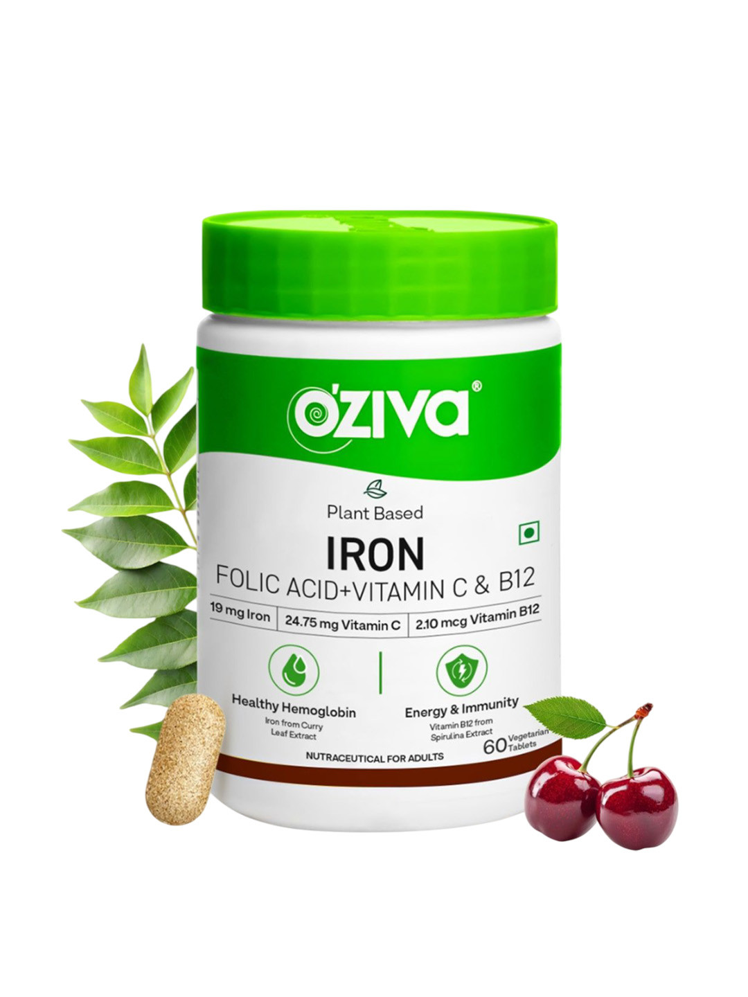 OZiva Iron & Folic Acid Tablet With Vitamin C & B12 - 60 Tablets