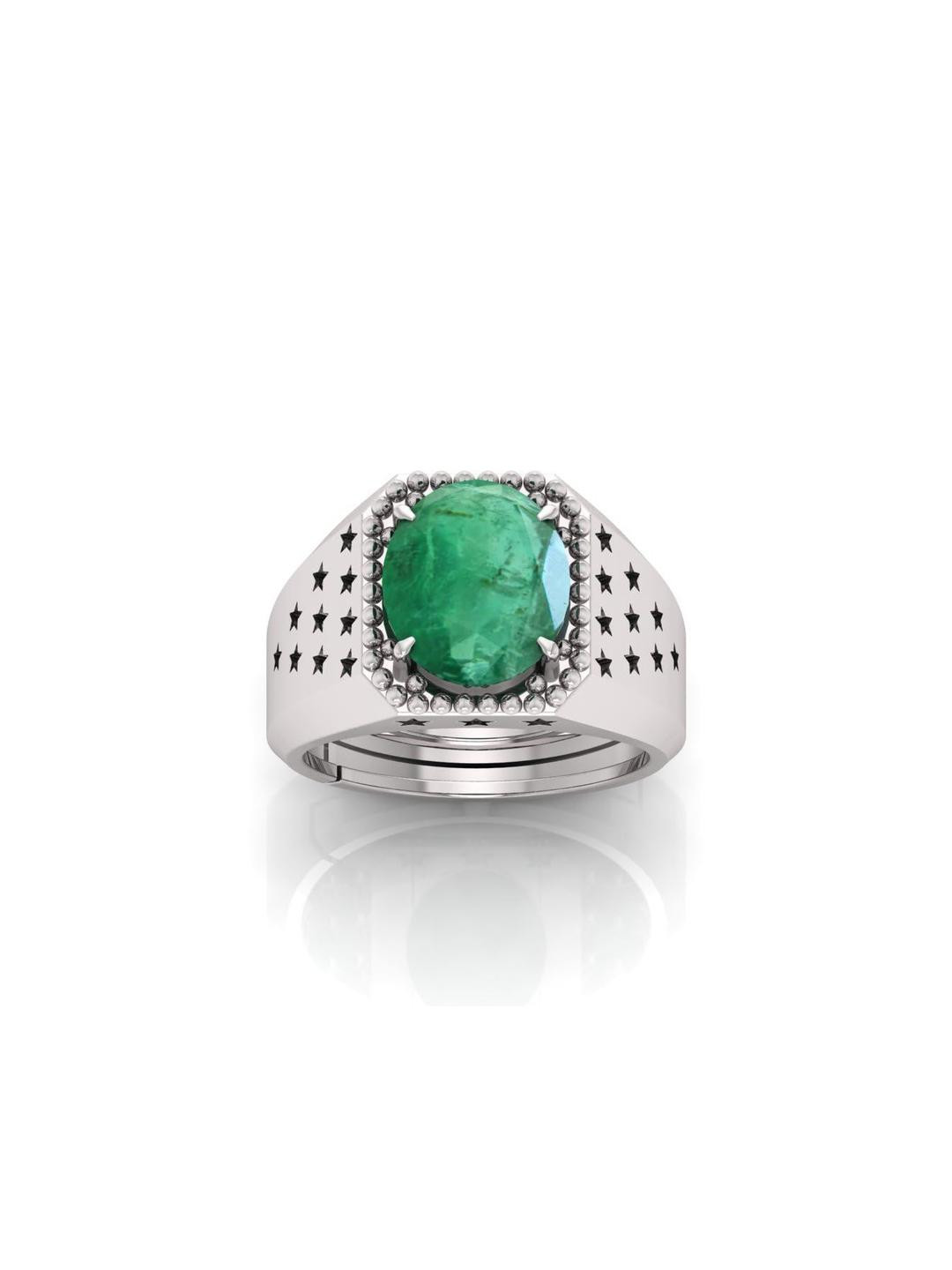 Pranjal Gems Unisex Sterling Silver 15.25 Ratti Emerald Panna Gemstone Studded Finger Ring