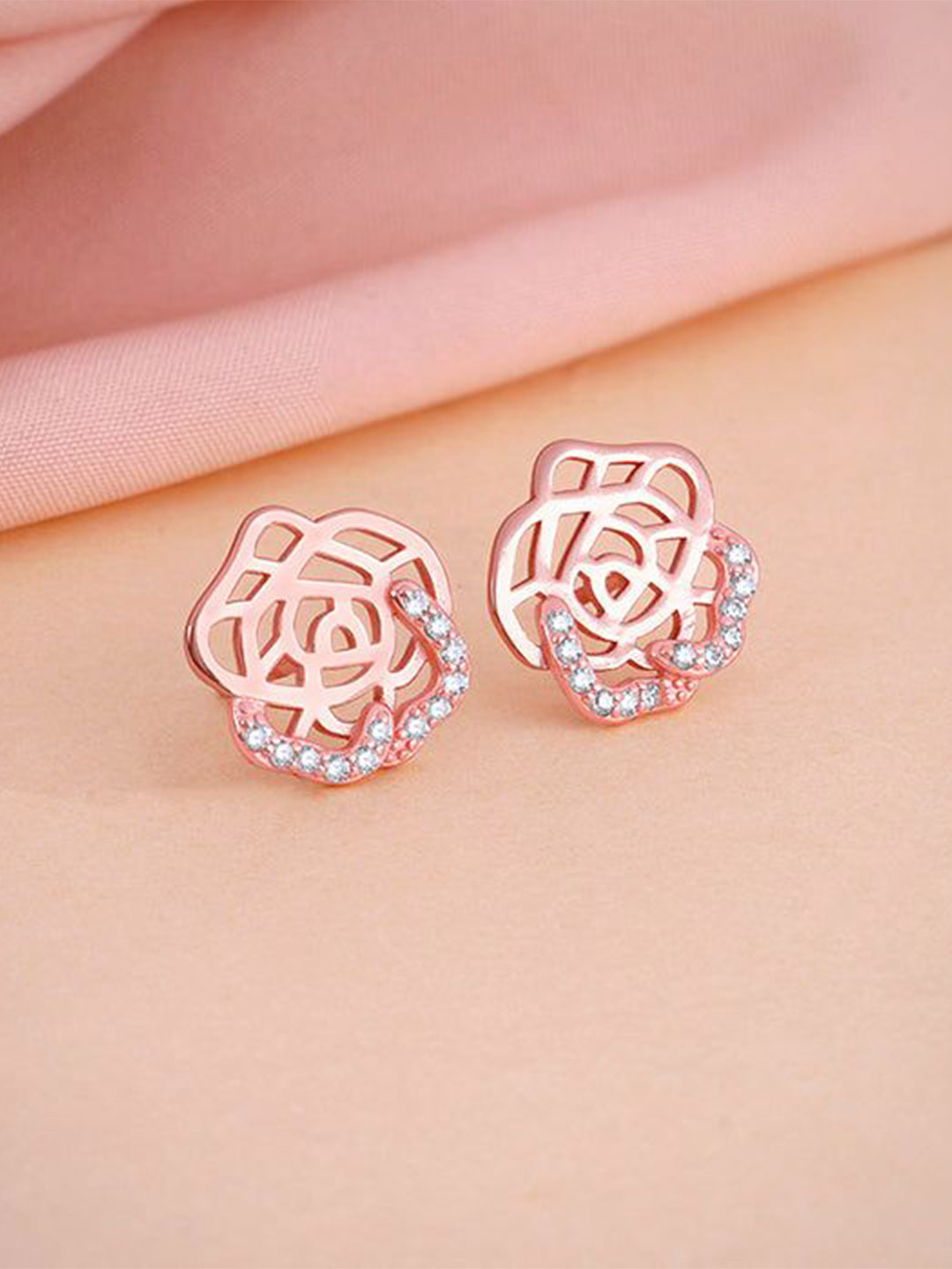 GIVA 92.5 Silver Rose Gold-Plated Rosette Filigree Floral Studs Earrings