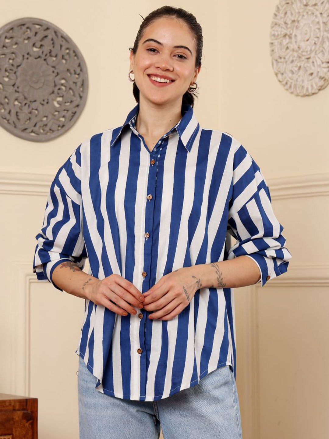 The Quince Life Women Cotton Nautical Stripe Oversized Shirt