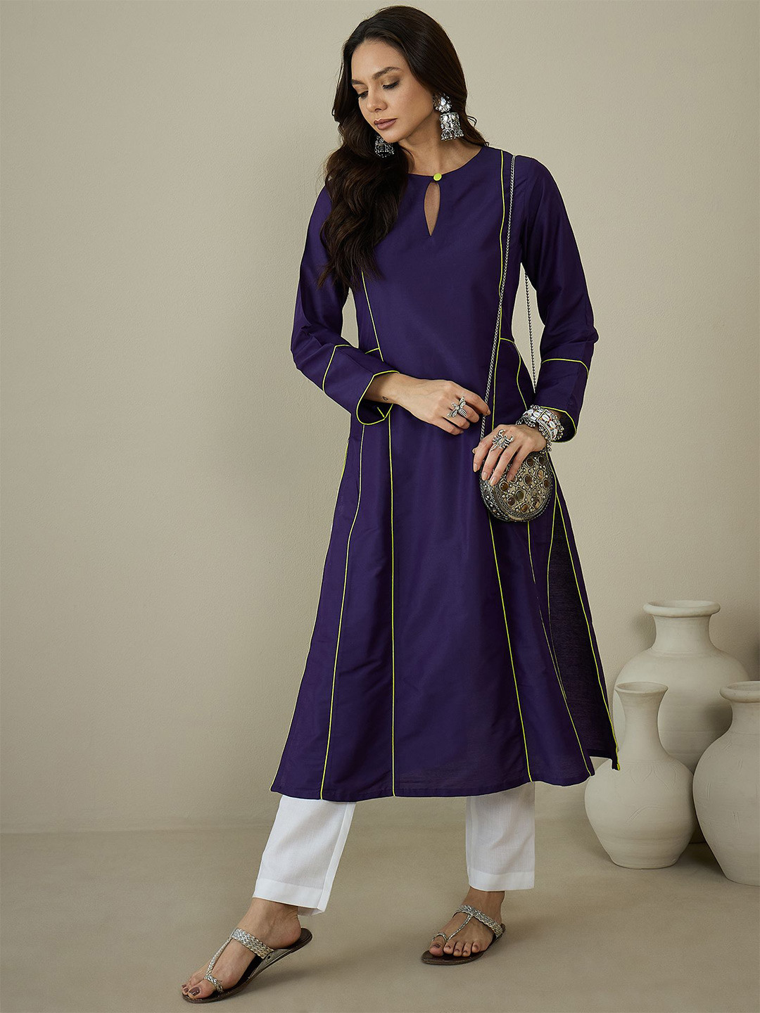 MASSTANI BY INDDUS Keyhole Neck A-Line Panelled Kurta
