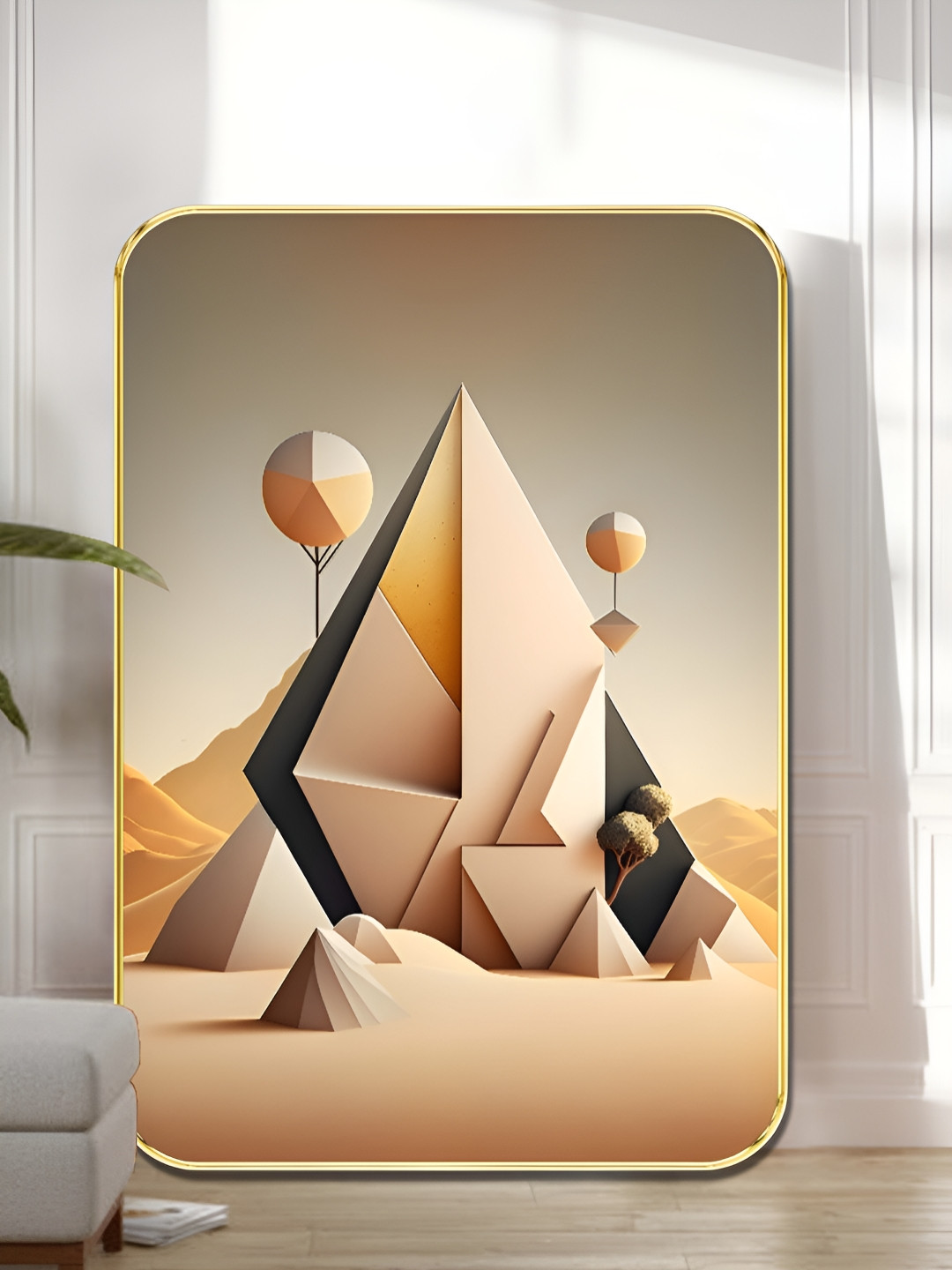 SAF Beige & Gold-Toned Geometric Desert Landscape Modern Abstract Wooden Wall Art