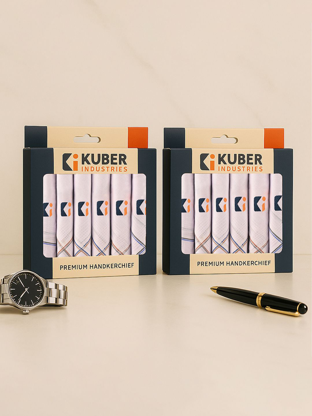 Kuber Industries 12 Pcs Set White Handkerchief for Men Cotton KI Logo Lining Border
