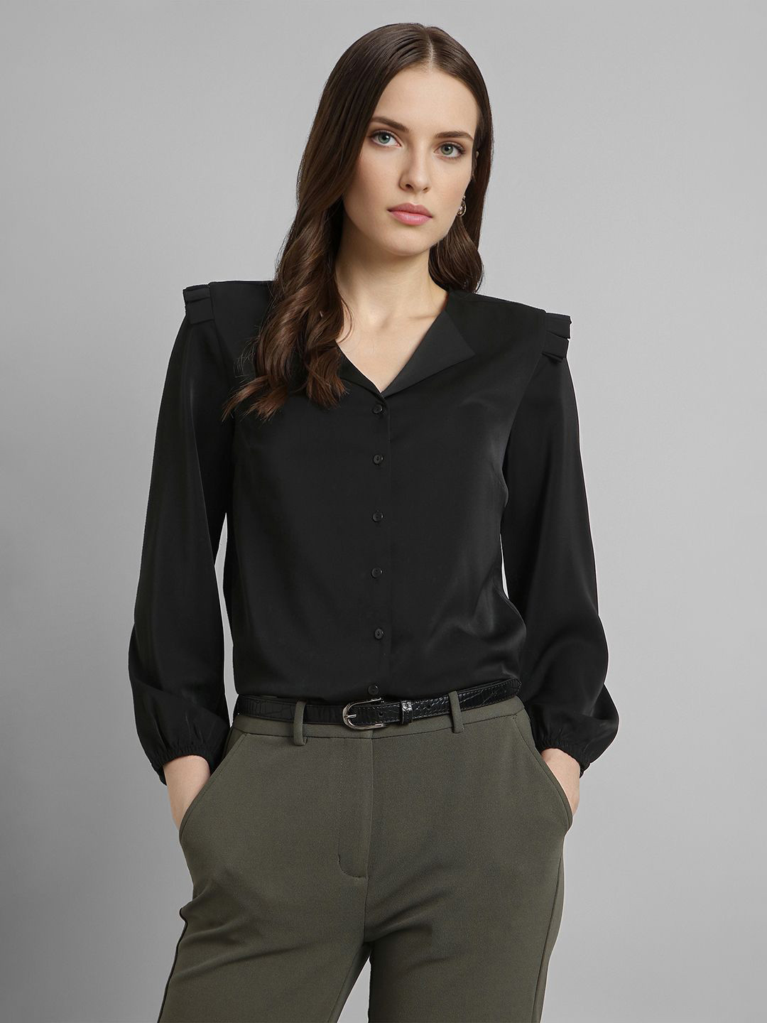 Van Heusen Woman Black Solid Long Sleeves Collarless Regular Fit Formal Shirt
