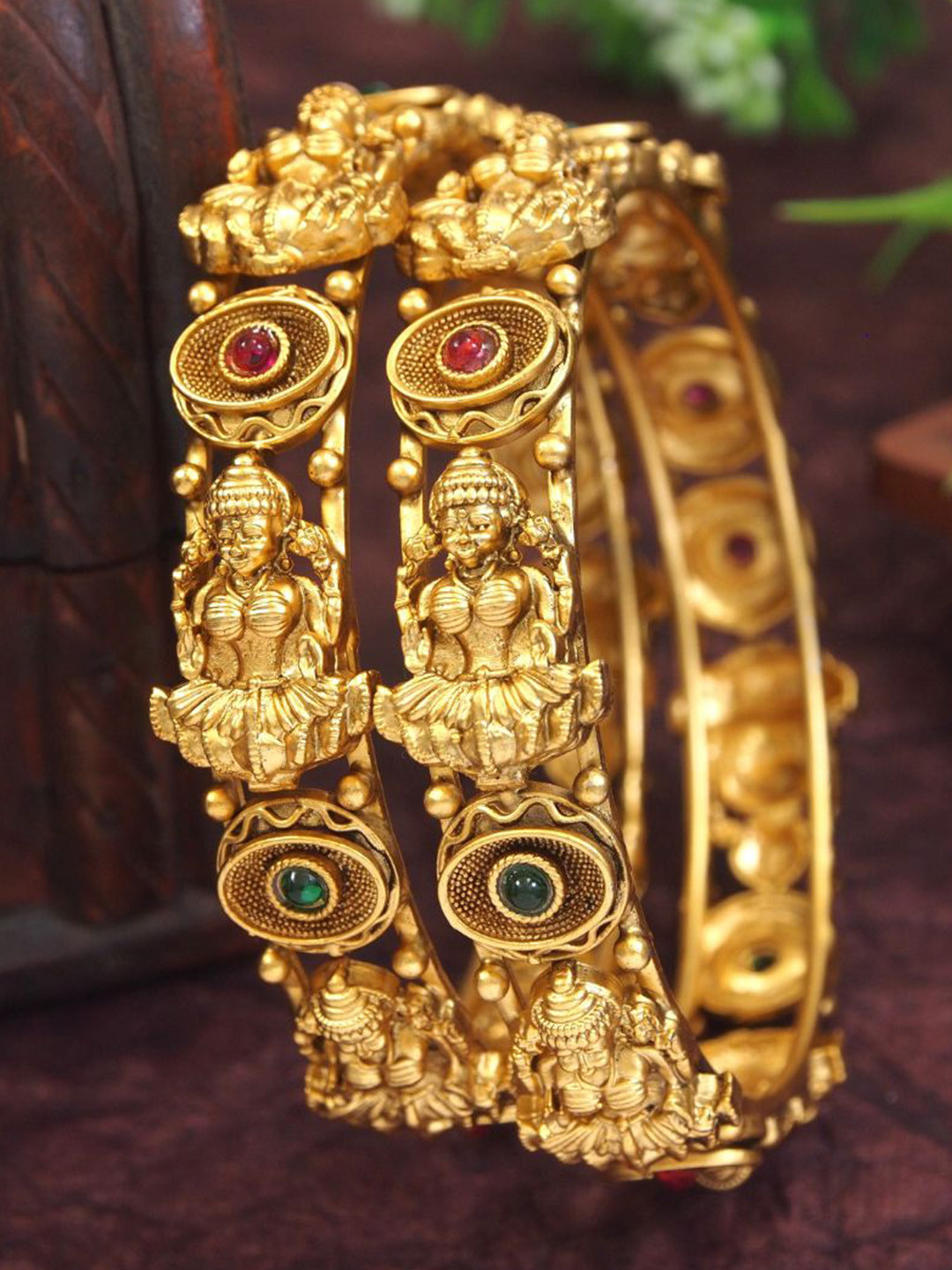 SGA FASHION Set Of 2 Gold-Plated American Diamond Studded Temple Bangles