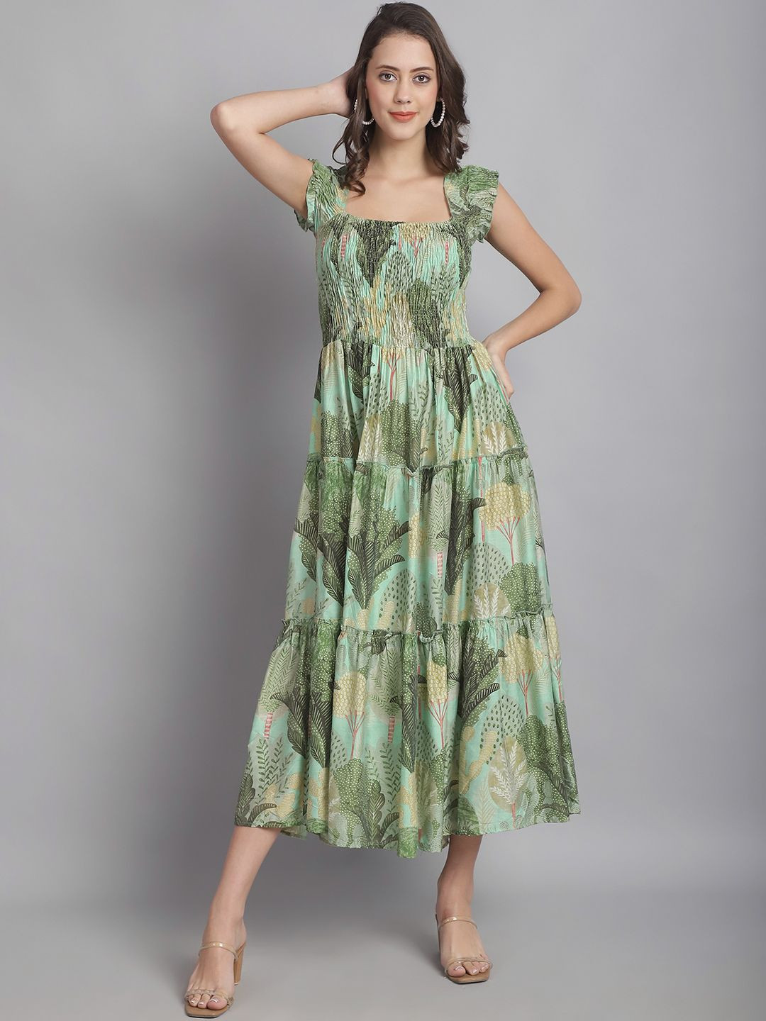 Aawari Women Floral Printed Square Neck  Smocked Detai Fit and Flare Tiered Midi Dress