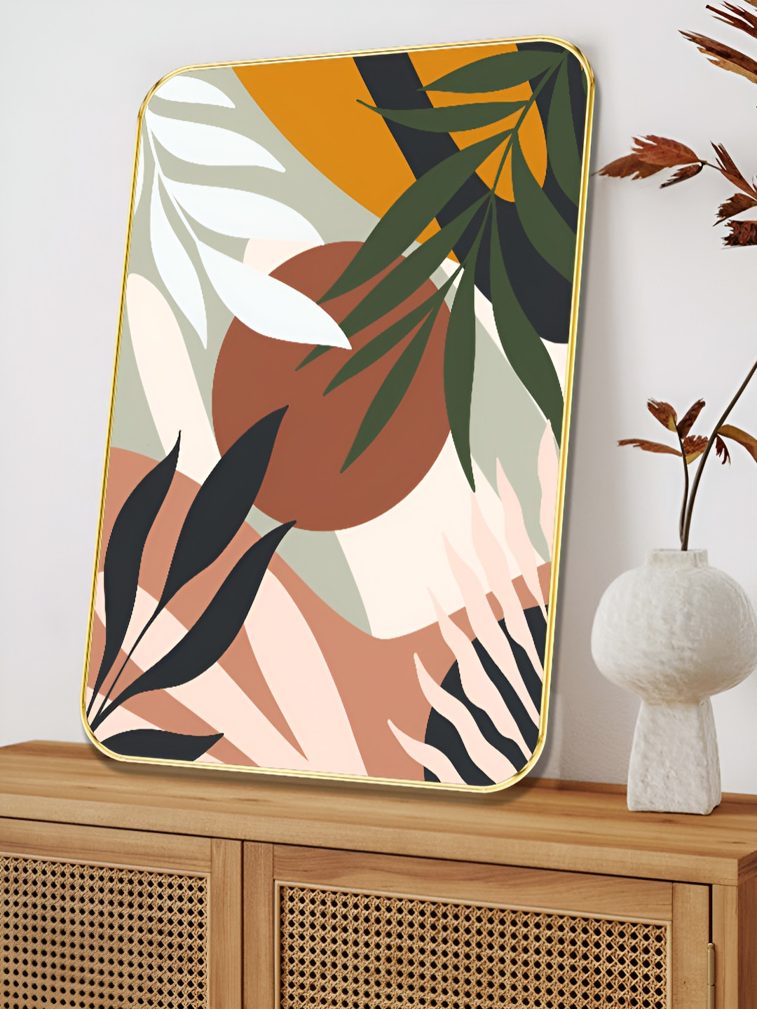 SAF Abstract Tropical Leaf Sparkle Wall Art with Gold Frame EarthTone Sun &Jungle Painting