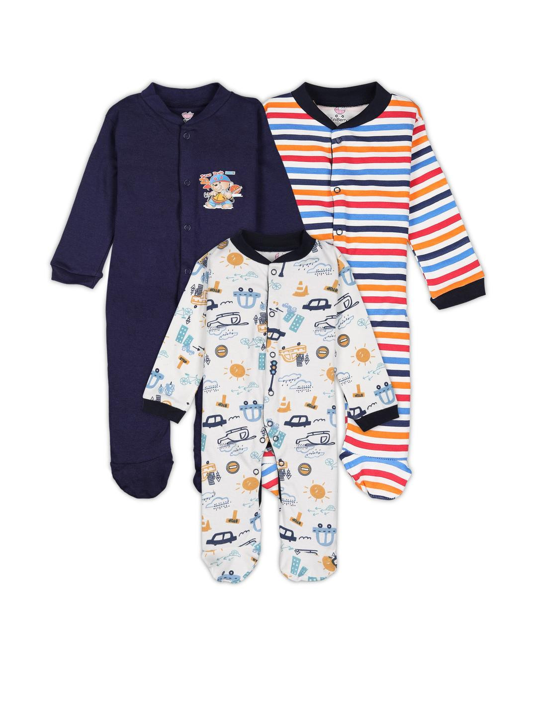 POOJA BABY Infants Pack of 3 Printed Sleepsuits