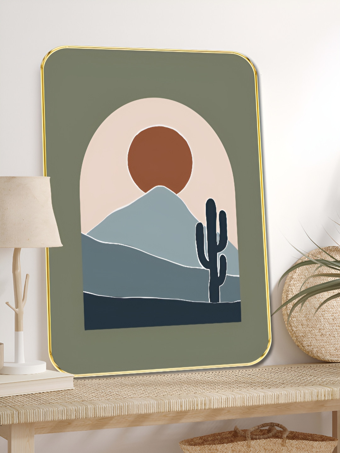 SAF Green & Blue Mountain Landscape with Cactus Earthy Wooden Wall Art
