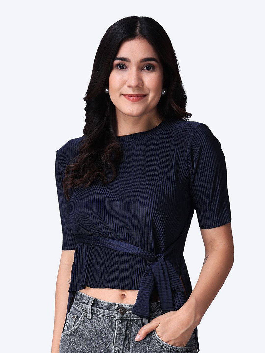 Popwings Women Round Neck Self Design Casual Belt Top