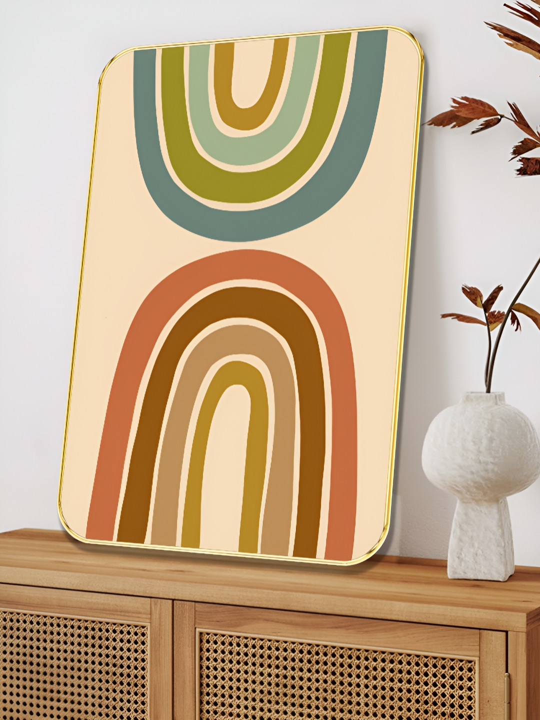 SAF Cream-Coloured & Green Rainbow Printed Wall Art