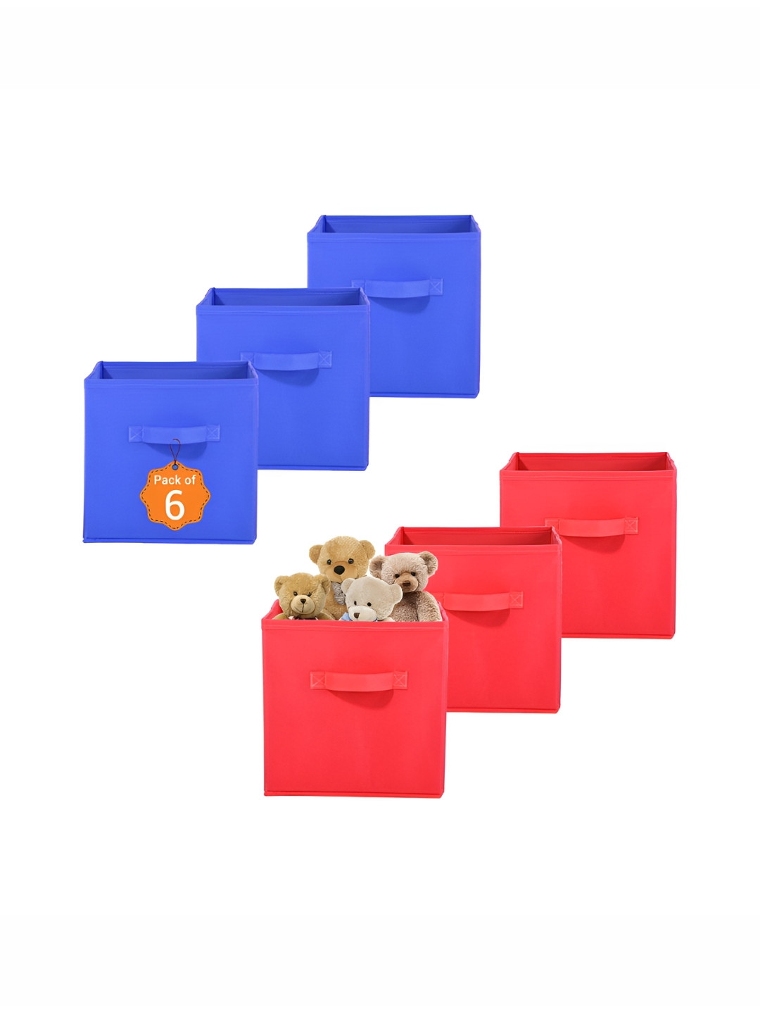 Aura 6 Pcs Red & Blue Non-Woven Folding Wardrobe Cloth Organiser Storage Toy Box