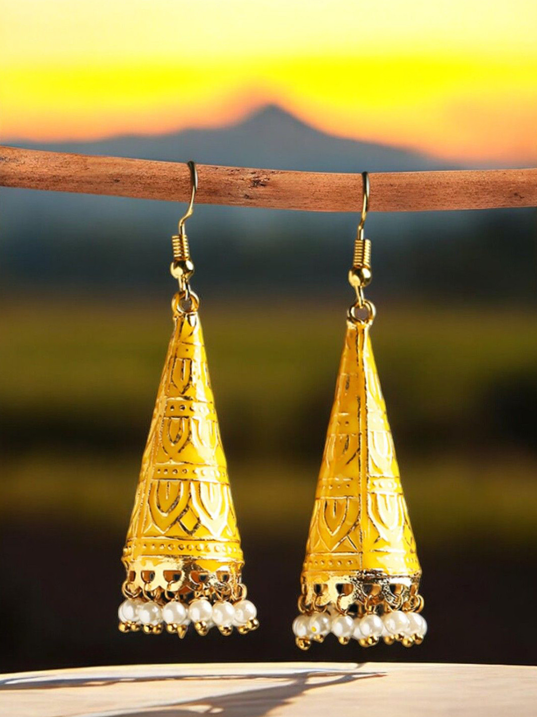 Anouk Gold-Plated Beads Beaded Meenakari Cone Shaped Jhumkas