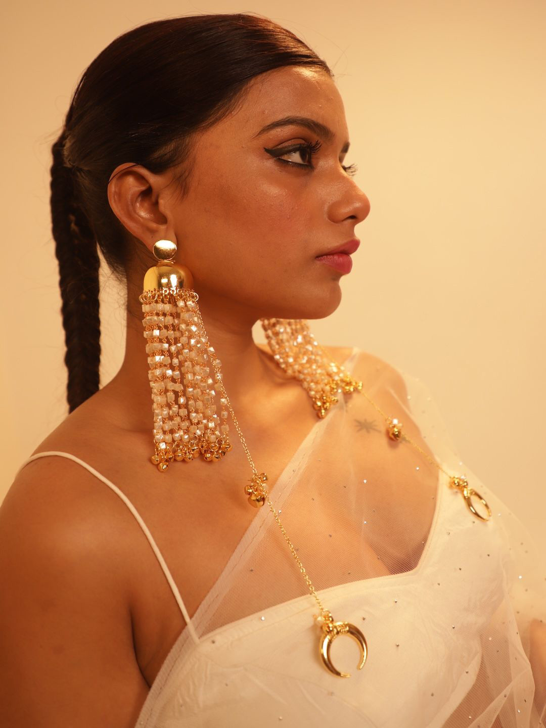 D MAK Gold-Plated Artificial Stone & Beads Dome Shaped Jhumkas