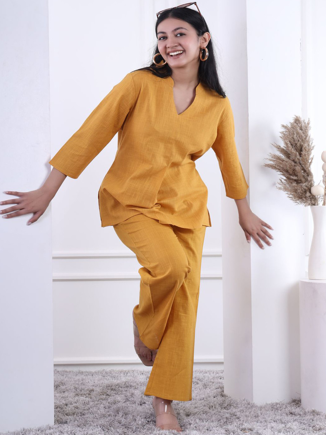 Moda Rapido Pure Cotton Mandarin Collar Neck Tunic With Palazzos Co-Ords