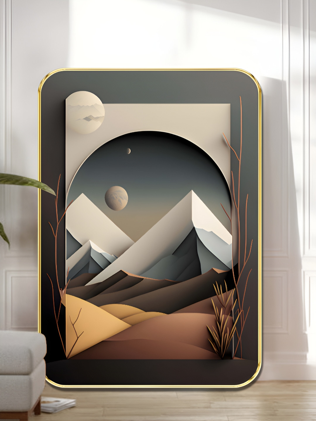 SAF Grey & White Geometric Mountain Landscape Wooden Wall Art