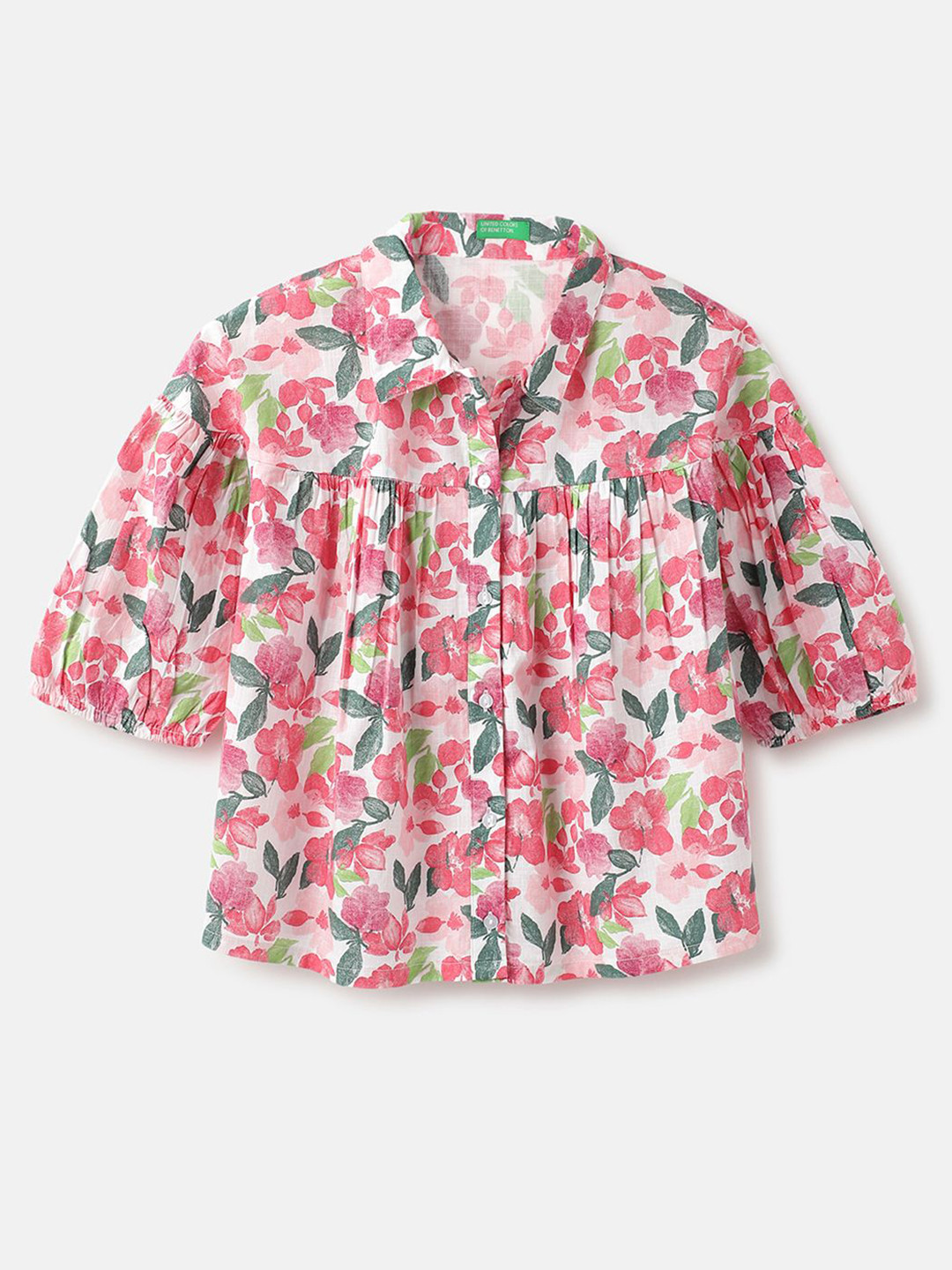 United Colors of Benetton Girls Floral Printed Spread Collar Relaxed Fit Shirt