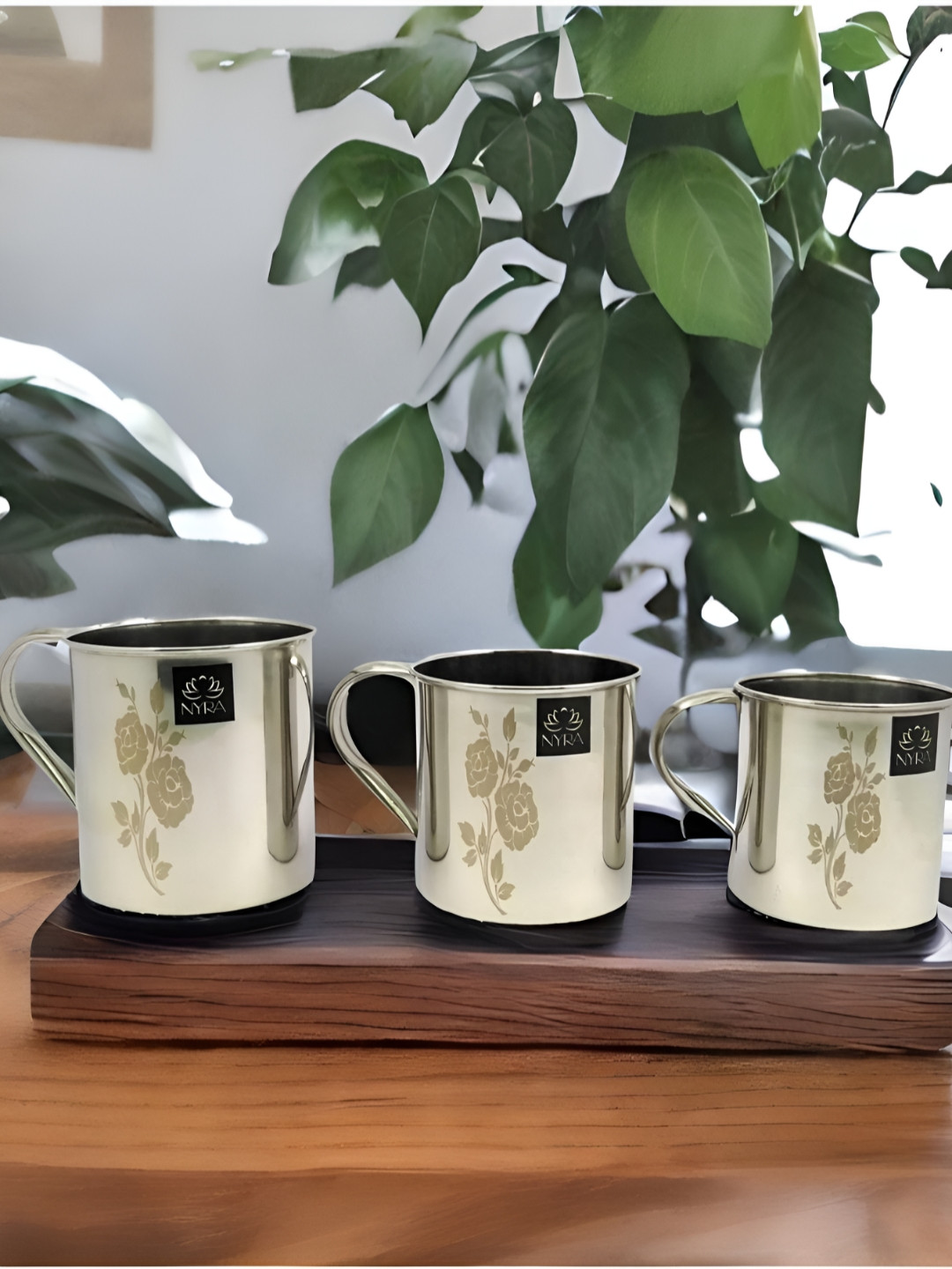 Nyra Kitchenware Steel Floral Stainless Steel Handmade 3 Piece Mugs-600ml, 800ml, 1L