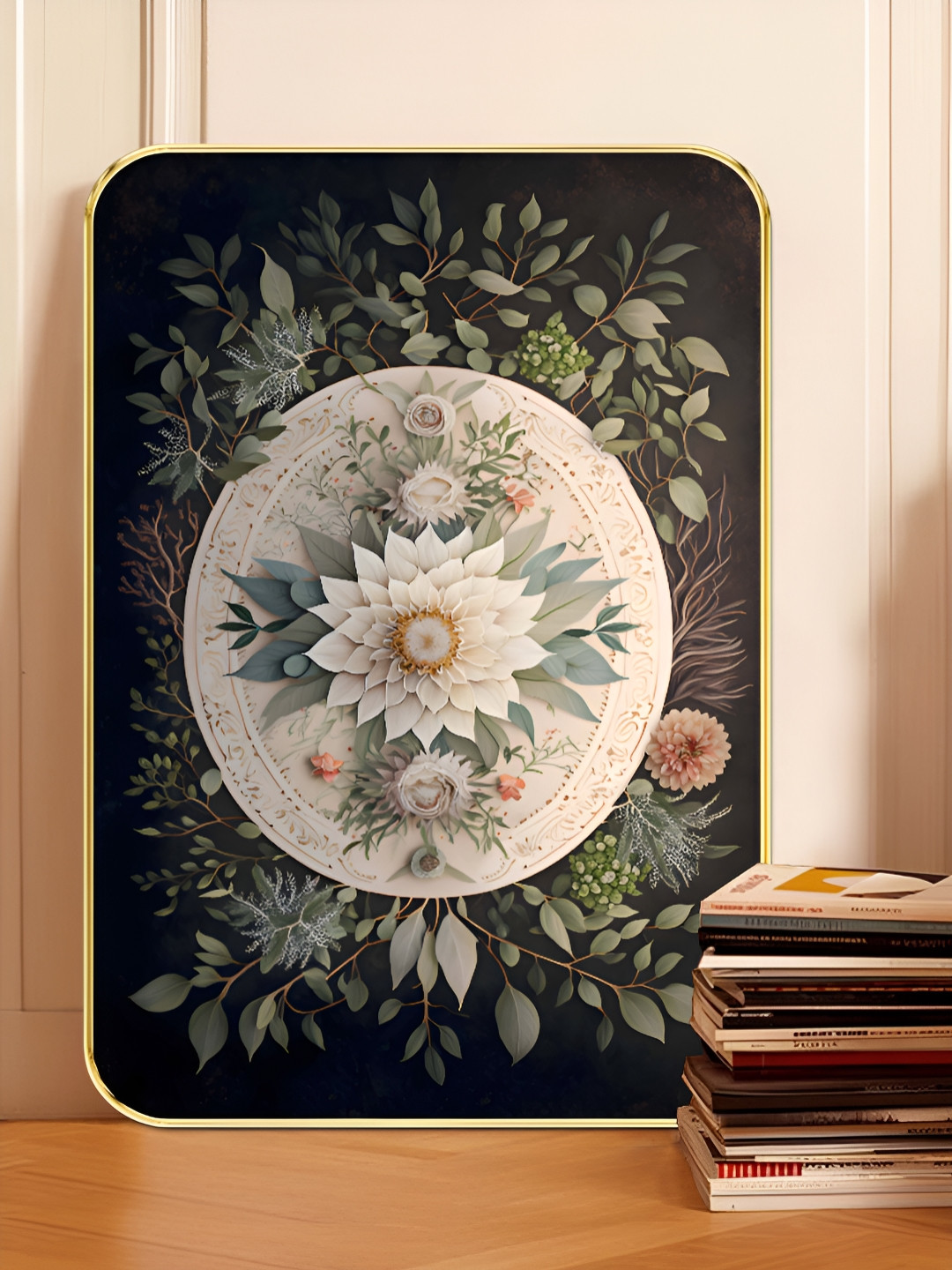 SAF Black & White Wooden Vintage Botanical Mandala Wall Art