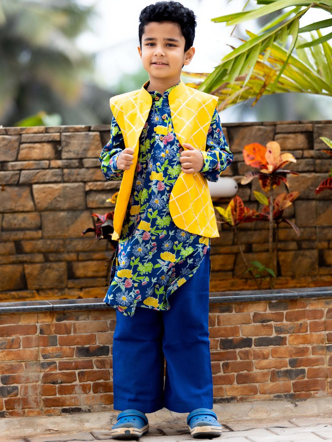 Mamma's Bear Boys Floral Printed Gotta Patti Pure Cotton Kurta Set with Nehru Jacket